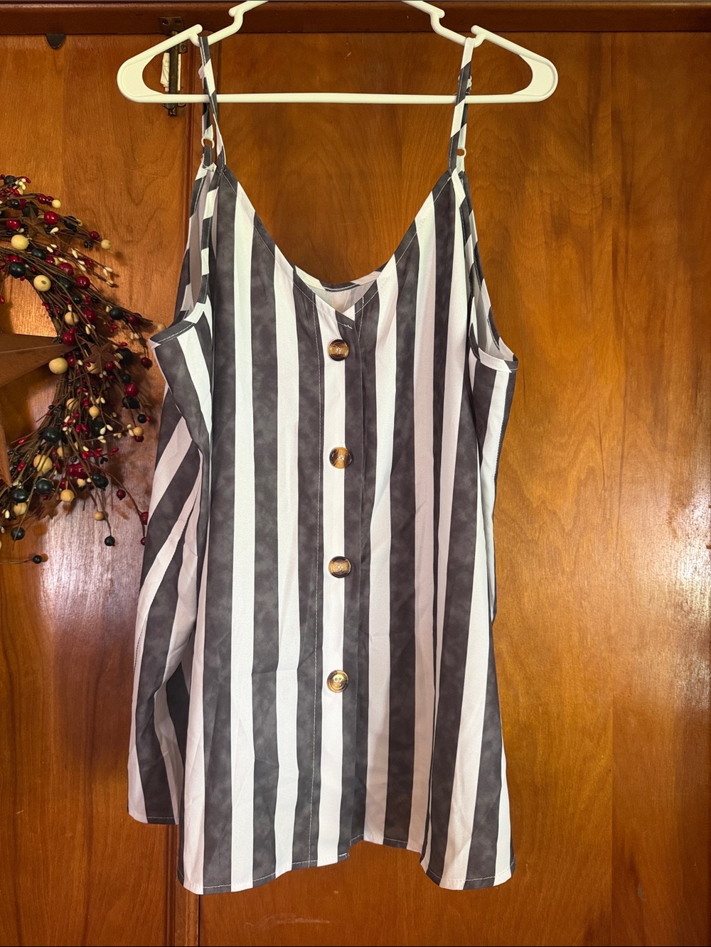 Striped Button-Front Spaghetti Strap Dress - Black & White